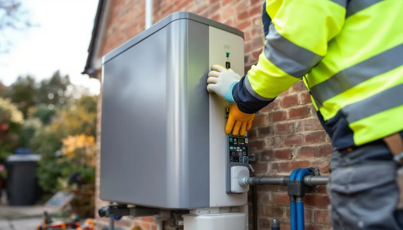 An MCS-certified engineer fitting an air source heat pump outdoor unit to a UK house wall, representative of installers serving East Midlands