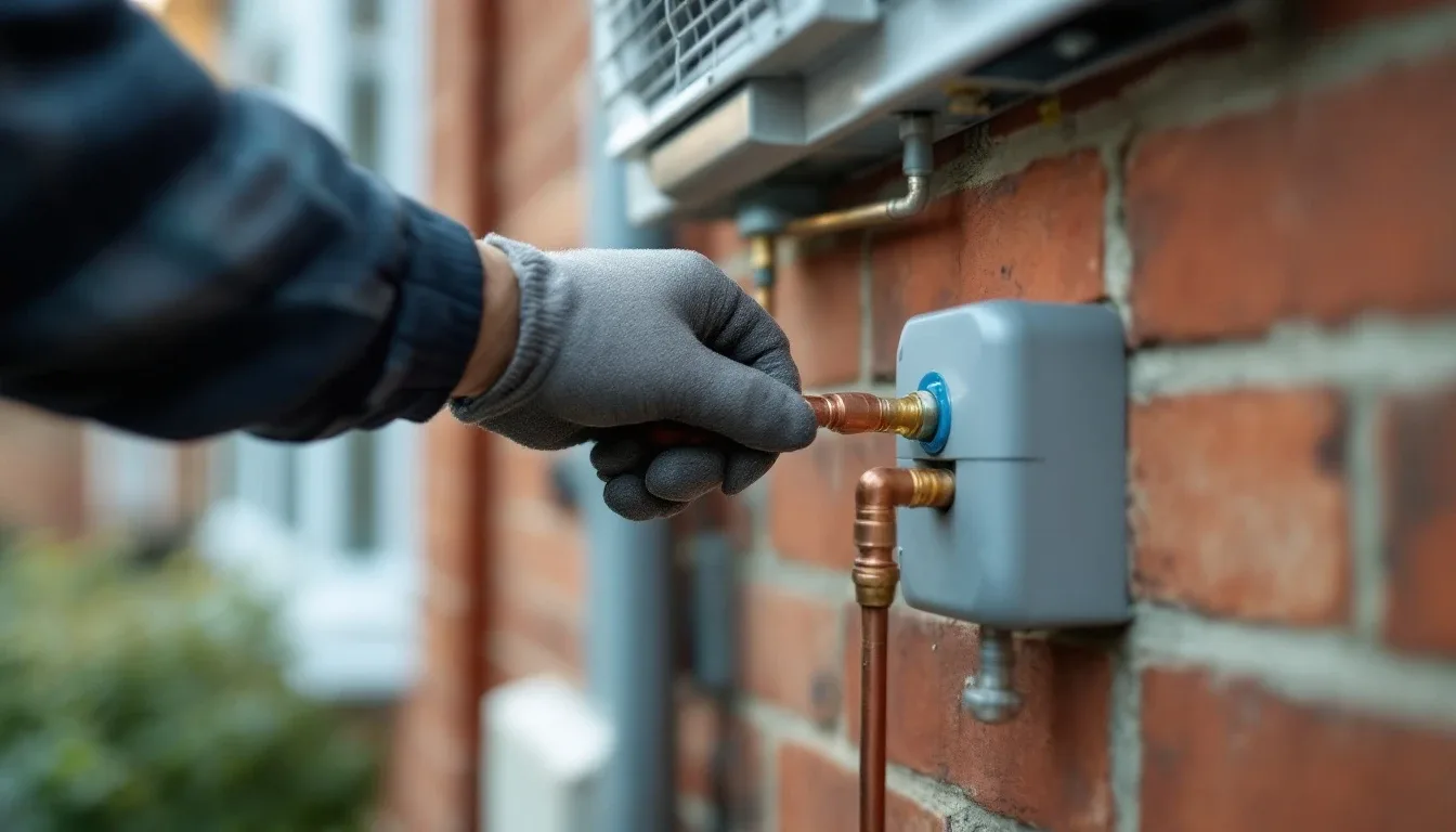 An MCS-certified engineer fitting an air source heat pump outdoor unit to a UK house wall, representative of installers serving Scotland